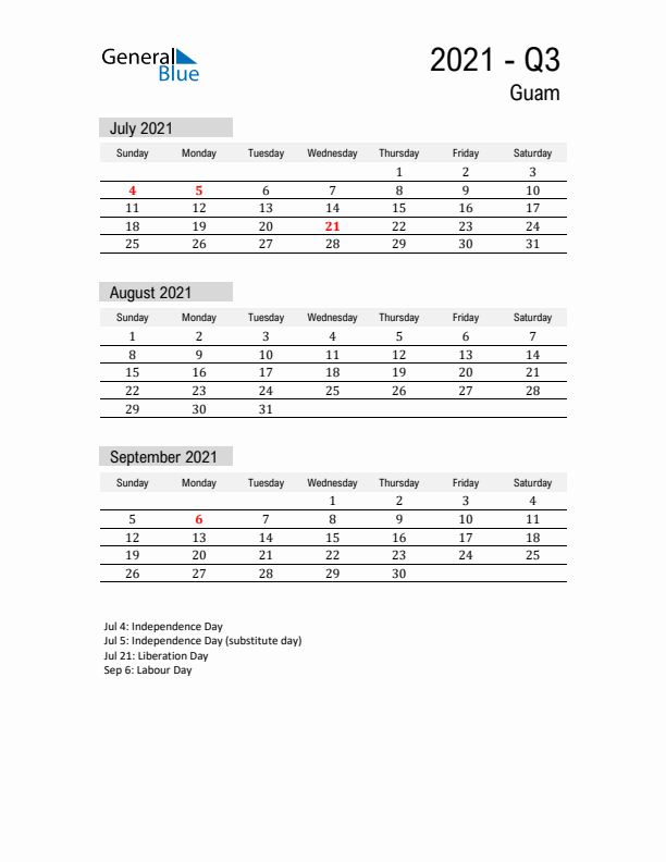 Guam Quarter 3 2021 Calendar with Holidays