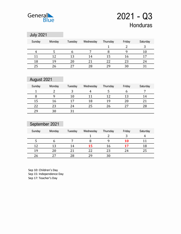 Honduras Quarter 3 2021 Calendar with Holidays