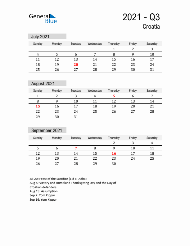 Croatia Quarter 3 2021 Calendar with Holidays