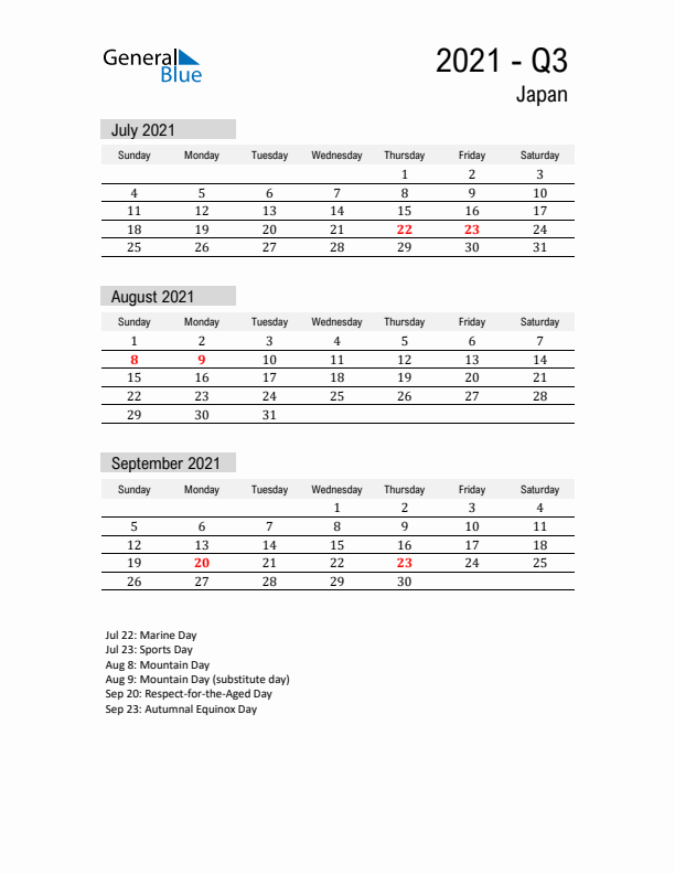 Japan Quarter 3 2021 Calendar with Holidays