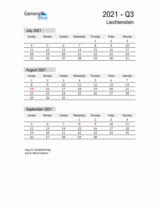 Liechtenstein Quarter 3 2021 Calendar with Holidays