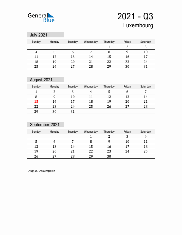 Luxembourg Quarter 3 2021 Calendar with Holidays