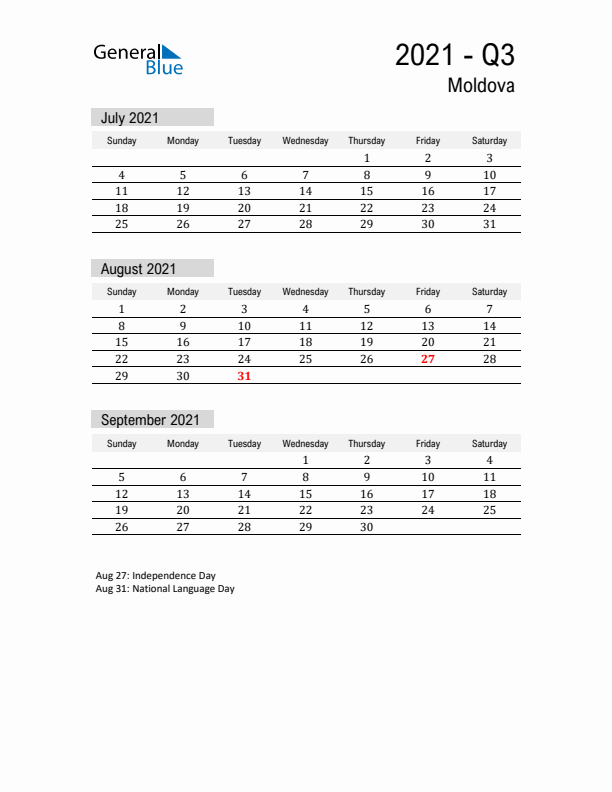 Moldova Quarter 3 2021 Calendar with Holidays