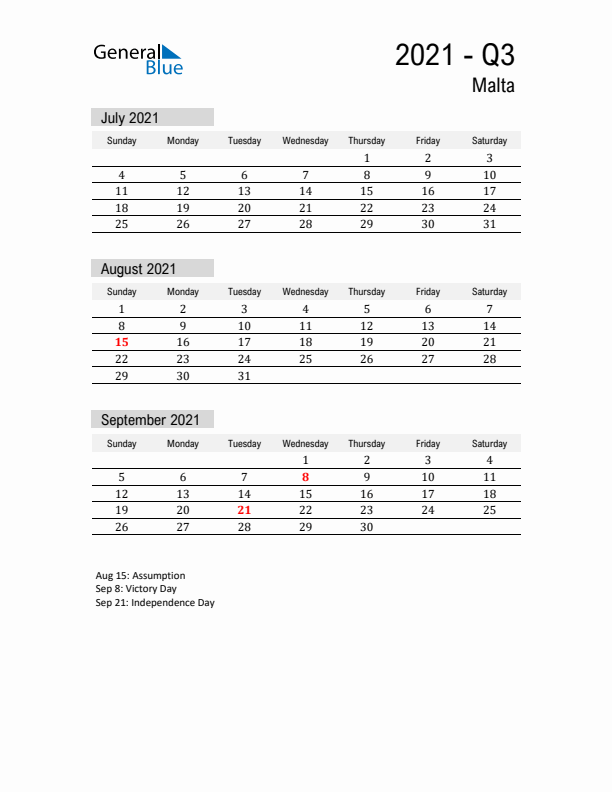 Malta Quarter 3 2021 Calendar with Holidays