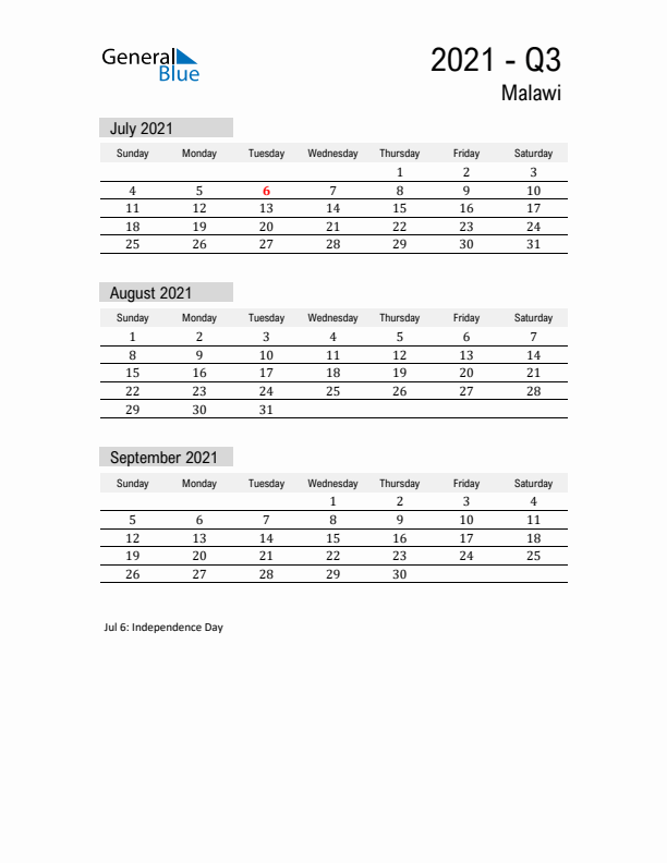 Malawi Quarter 3 2021 Calendar with Holidays