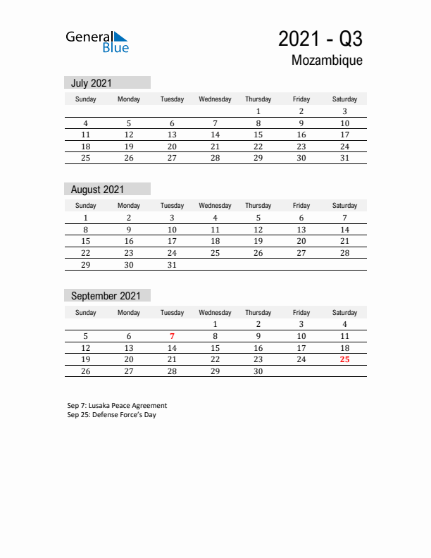 Mozambique Quarter 3 2021 Calendar with Holidays