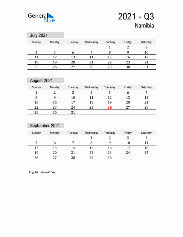 Namibia Quarter 3 2021 Calendar with Holidays