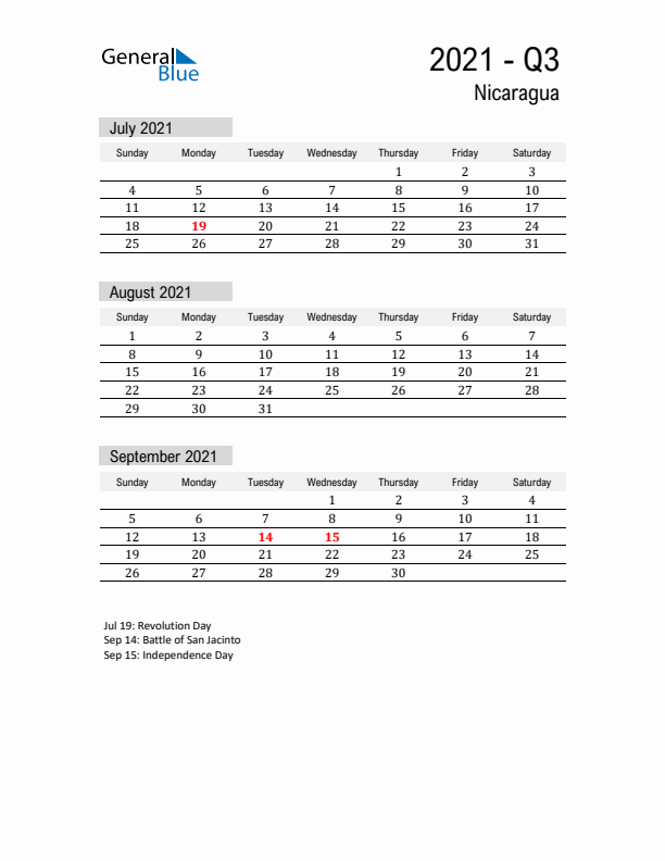 Nicaragua Quarter 3 2021 Calendar with Holidays