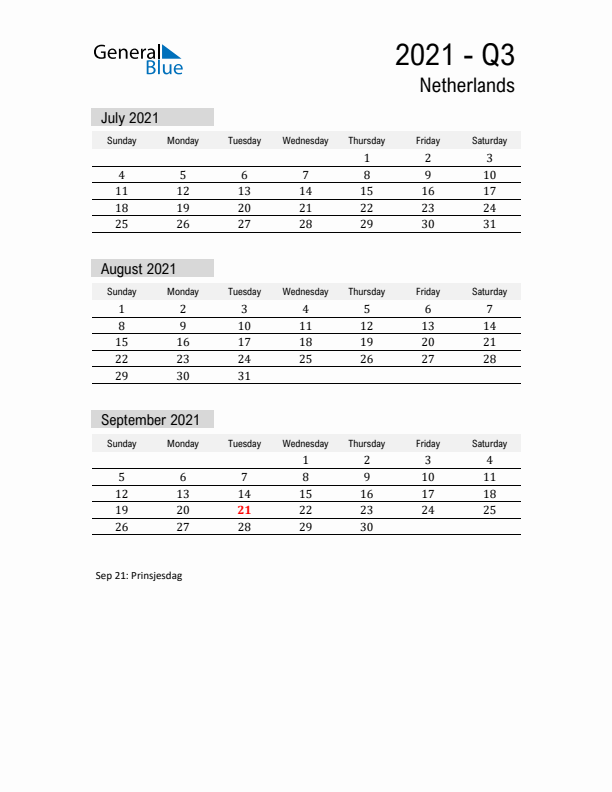 The Netherlands Quarter 3 2021 Calendar with Holidays