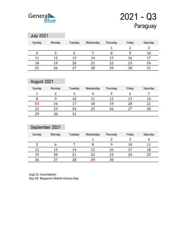 Paraguay Quarter 3 2021 Calendar with Holidays