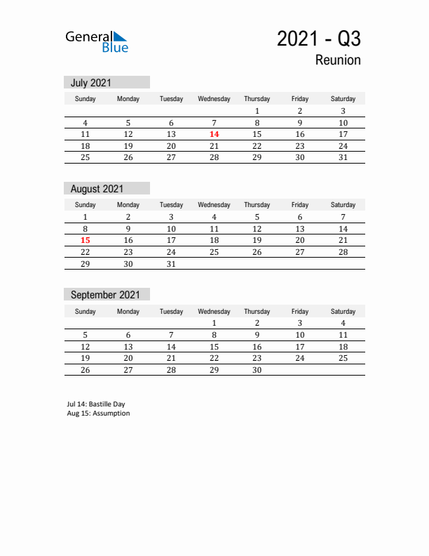 Reunion Quarter 3 2021 Calendar with Holidays