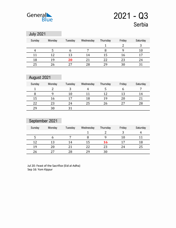 Serbia Quarter 3 2021 Calendar with Holidays