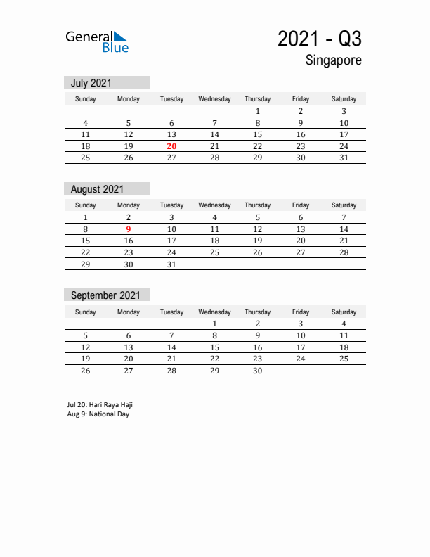 Singapore Quarter 3 2021 Calendar with Holidays