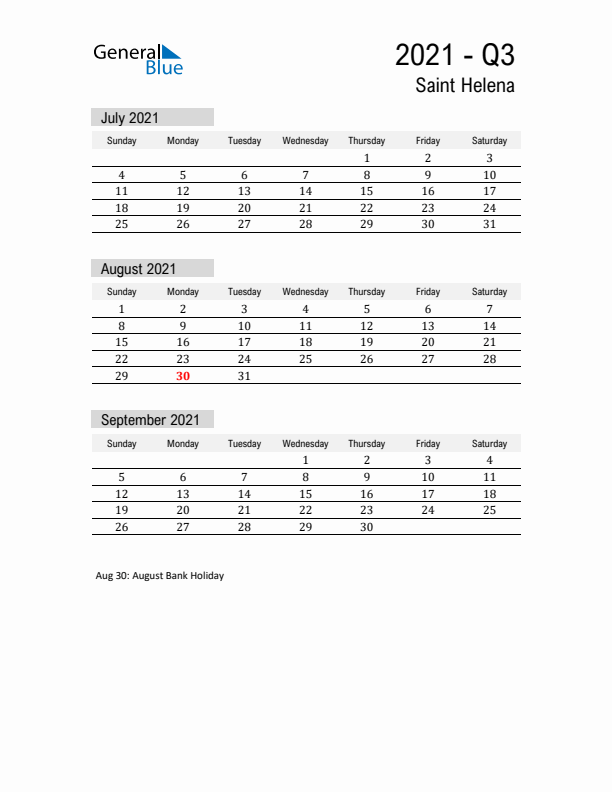 Saint Helena Quarter 3 2021 Calendar with Holidays