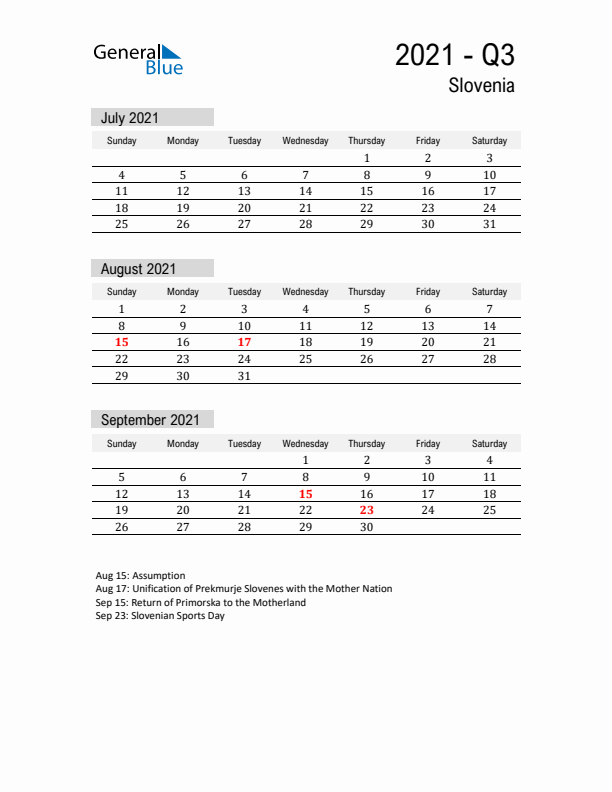 Slovenia Quarter 3 2021 Calendar with Holidays