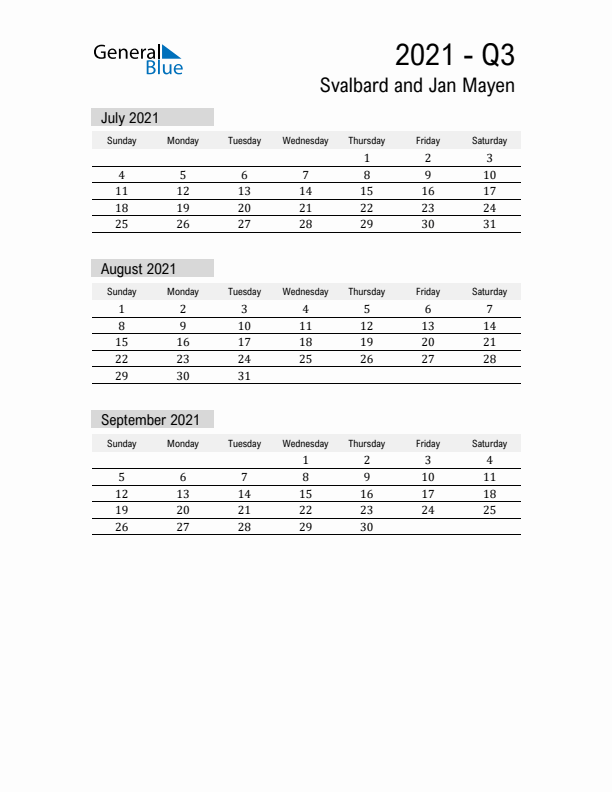 Svalbard and Jan Mayen Quarter 3 2021 Calendar with Holidays