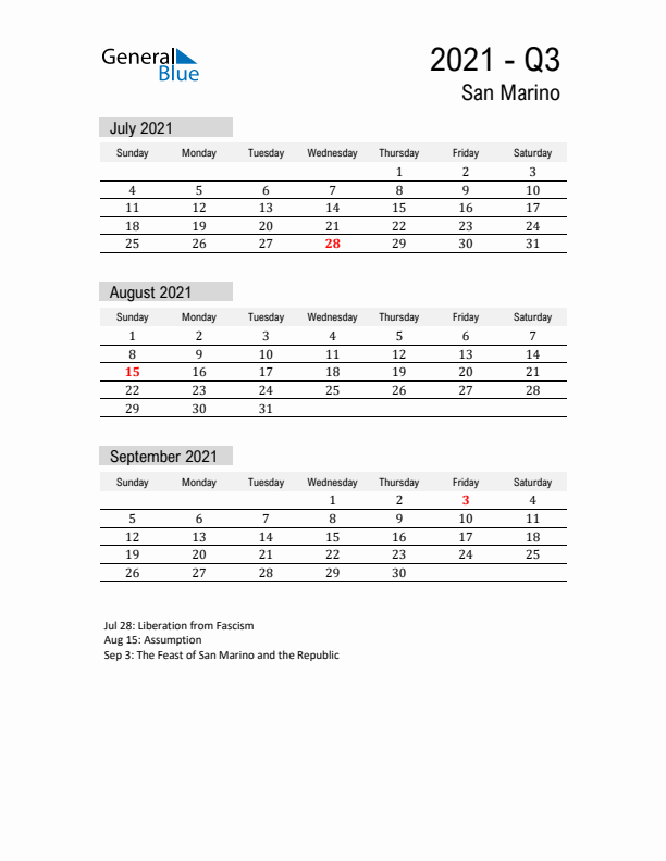 San Marino Quarter 3 2021 Calendar with Holidays