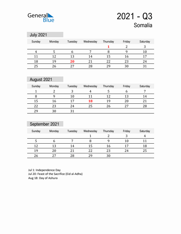 Somalia Quarter 3 2021 Calendar with Holidays