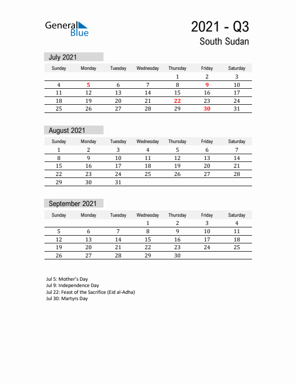 South Sudan Quarter 3 2021 Calendar with Holidays