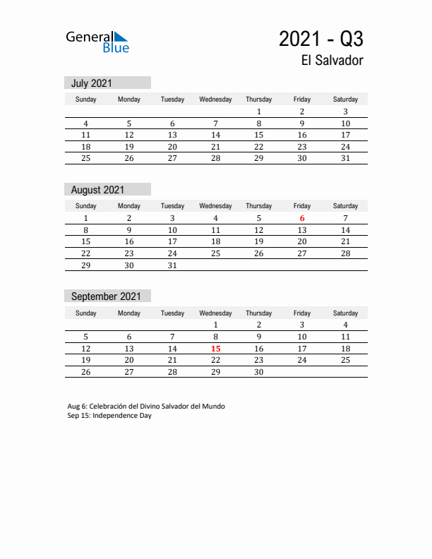 El Salvador Quarter 3 2021 Calendar with Holidays