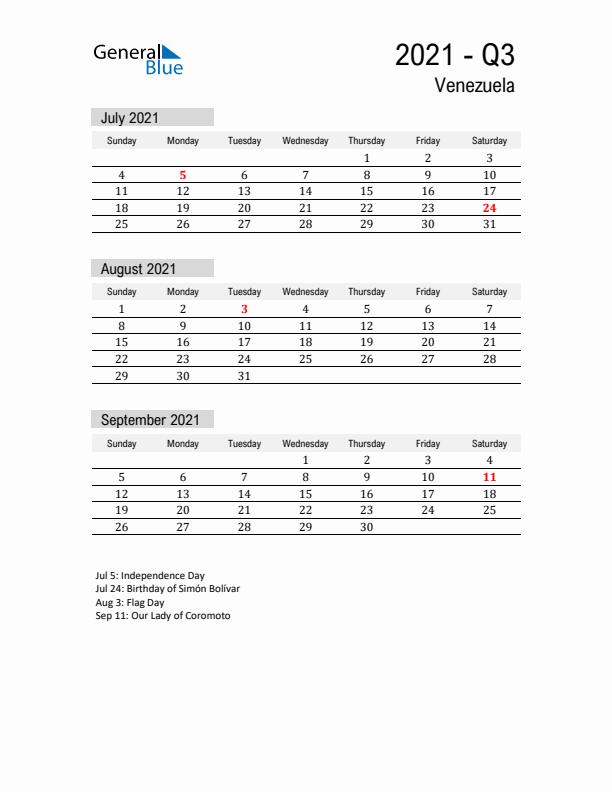 Venezuela Quarter 3 2021 Calendar with Holidays