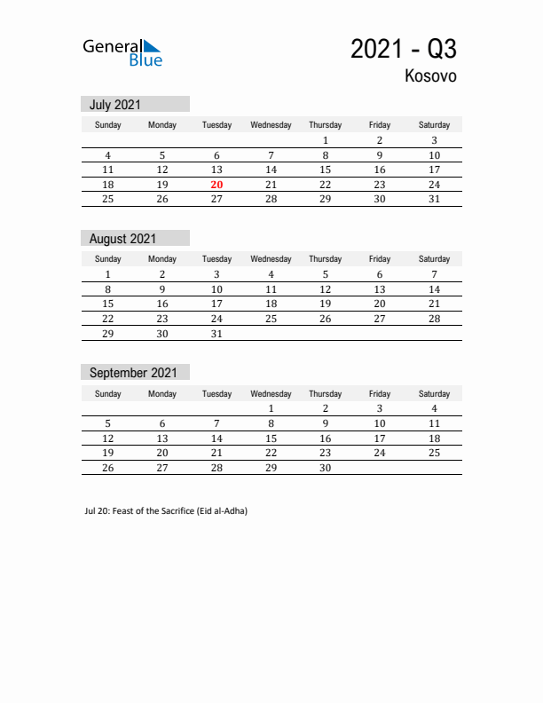 Kosovo Quarter 3 2021 Calendar with Holidays