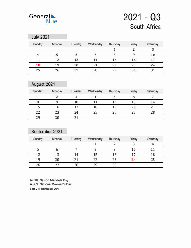 South Africa Quarter 3 2021 Calendar with Holidays