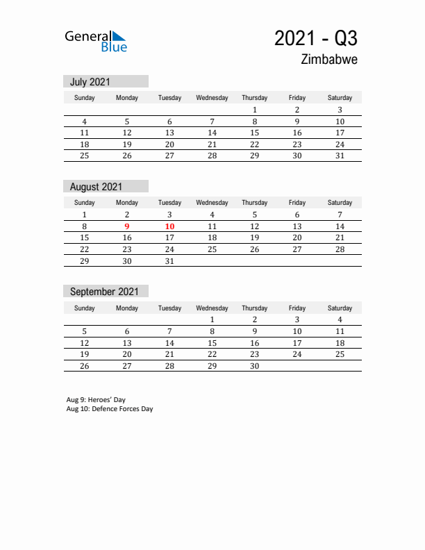 Zimbabwe Quarter 3 2021 Calendar with Holidays