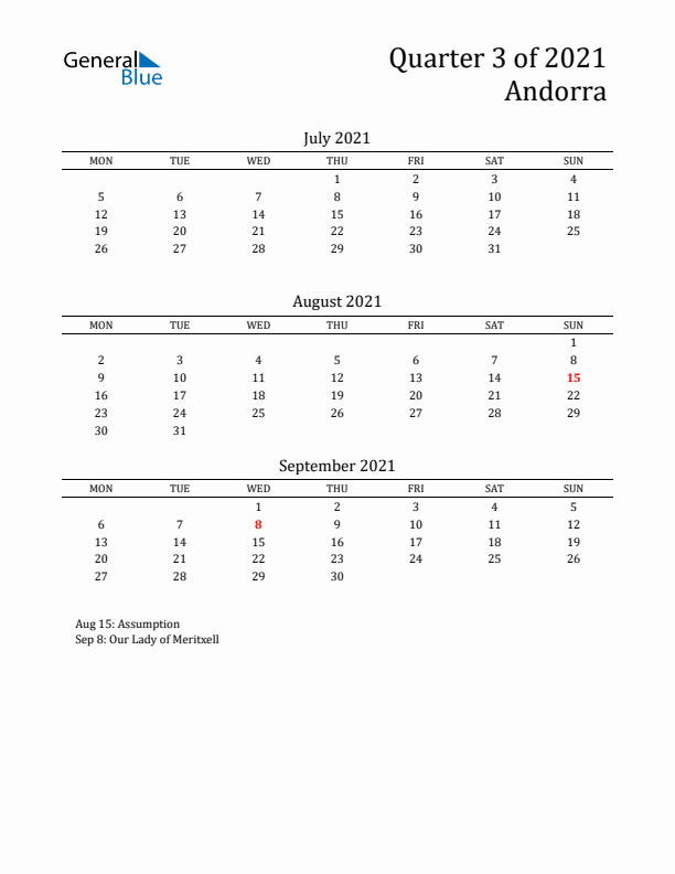 Quarter 3 2021 Andorra Quarterly Calendar