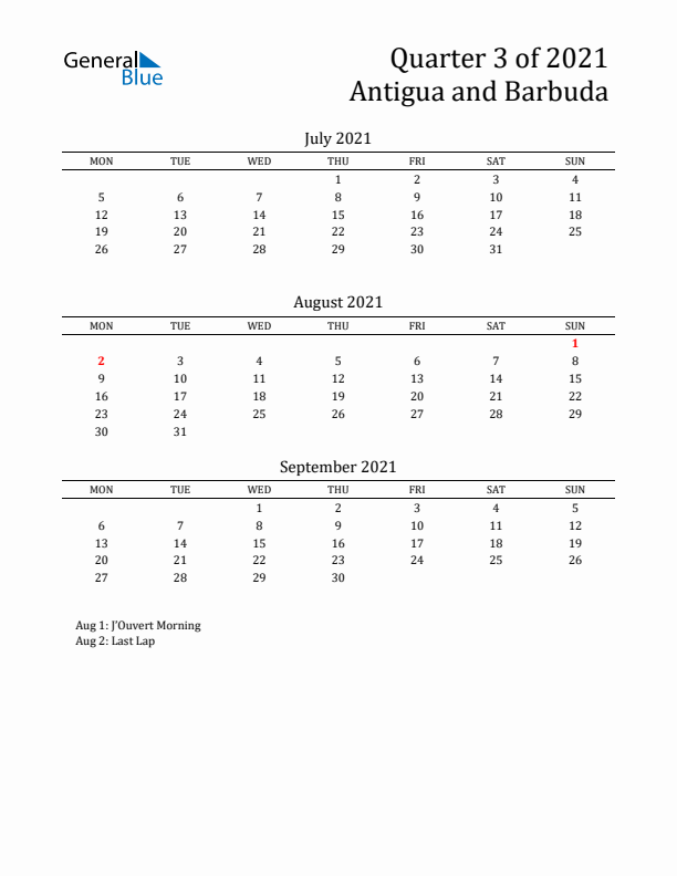 Quarter 3 2021 Antigua and Barbuda Quarterly Calendar