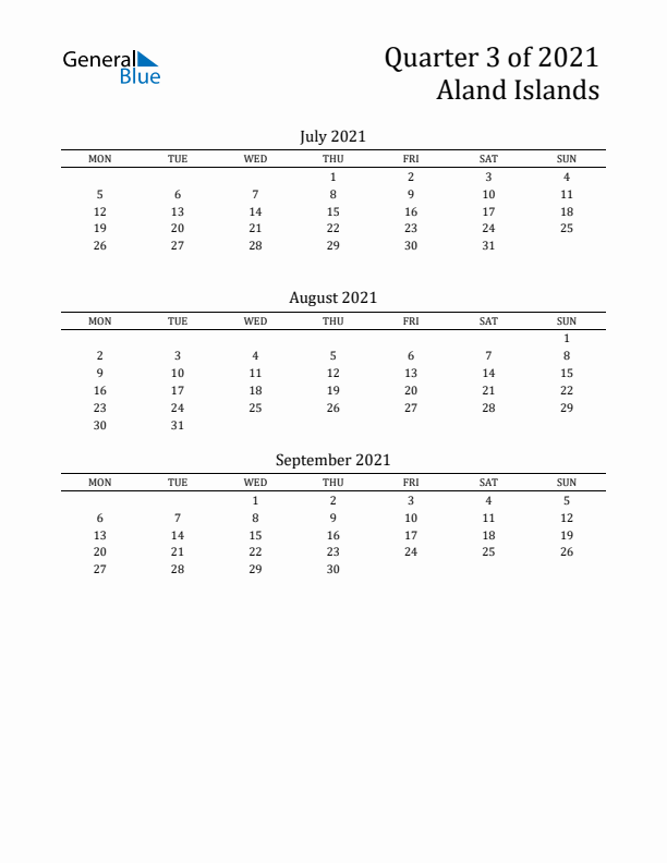 Quarter 3 2021 Aland Islands Quarterly Calendar