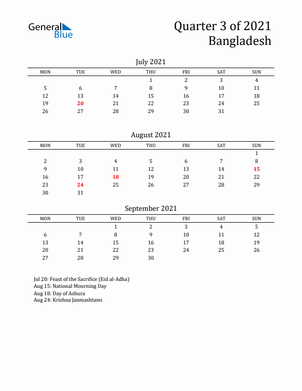 Quarter 3 2021 Bangladesh Quarterly Calendar