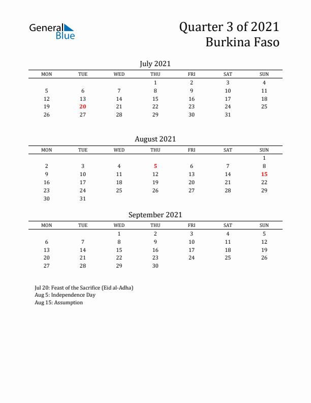 Quarter 3 2021 Burkina Faso Quarterly Calendar