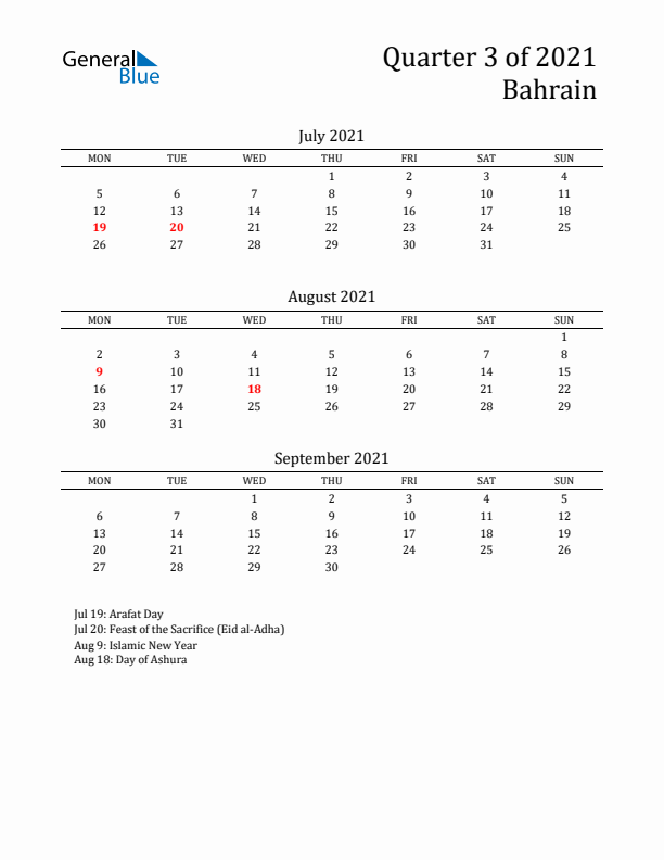 Quarter 3 2021 Bahrain Quarterly Calendar