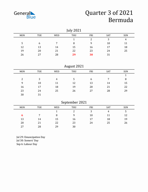 Quarter 3 2021 Bermuda Quarterly Calendar