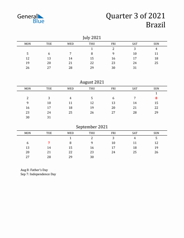 Quarter 3 2021 Brazil Quarterly Calendar