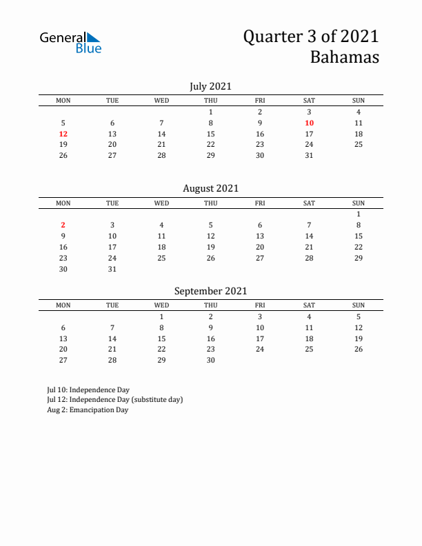 Quarter 3 2021 Bahamas Quarterly Calendar