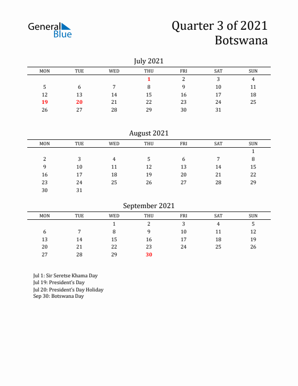 Quarter 3 2021 Botswana Quarterly Calendar