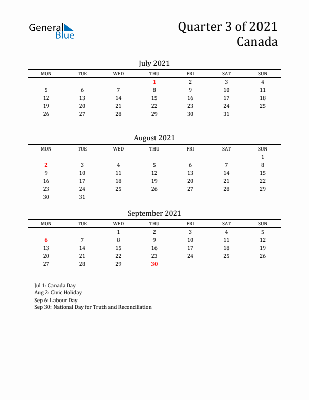 Quarter 3 2021 Canada Quarterly Calendar