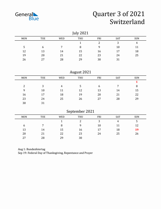 Quarter 3 2021 Switzerland Quarterly Calendar