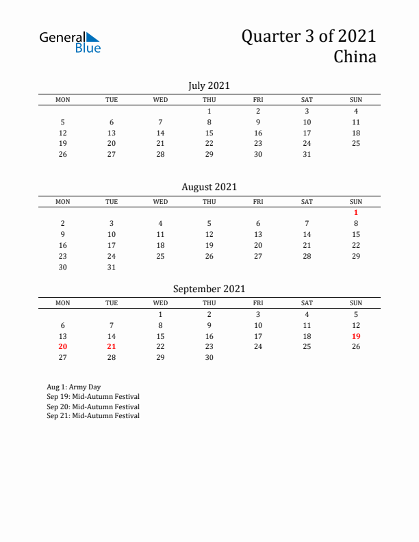 Quarter 3 2021 China Quarterly Calendar