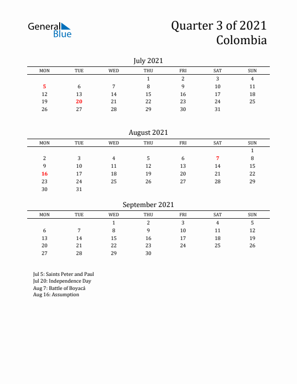 Quarter 3 2021 Colombia Quarterly Calendar