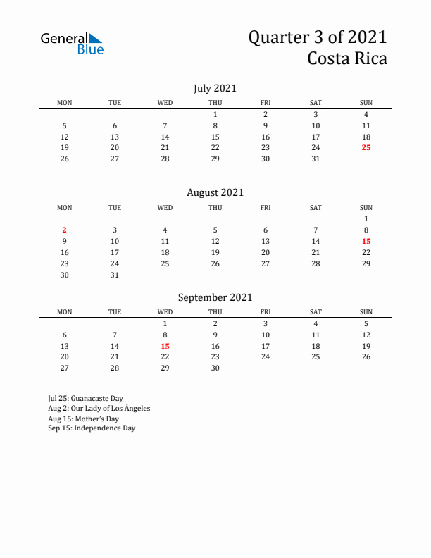 Quarter 3 2021 Costa Rica Quarterly Calendar