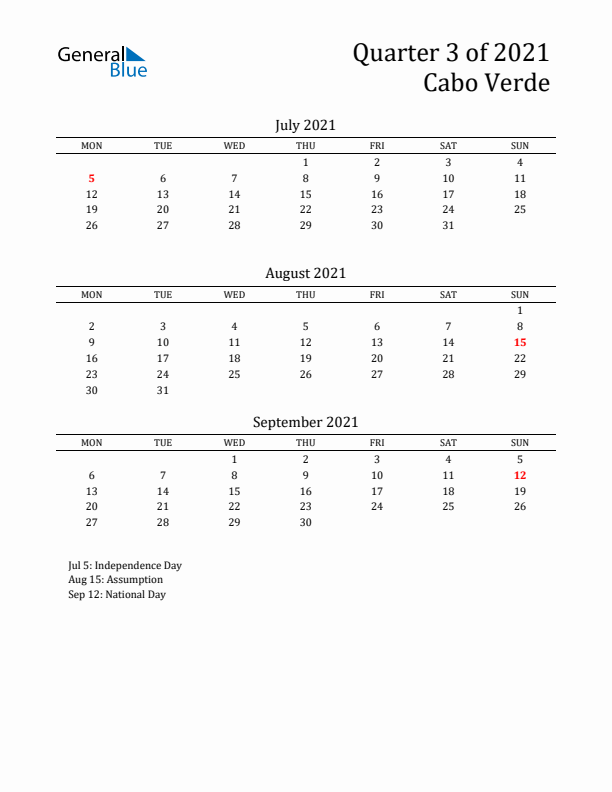 Quarter 3 2021 Cabo Verde Quarterly Calendar