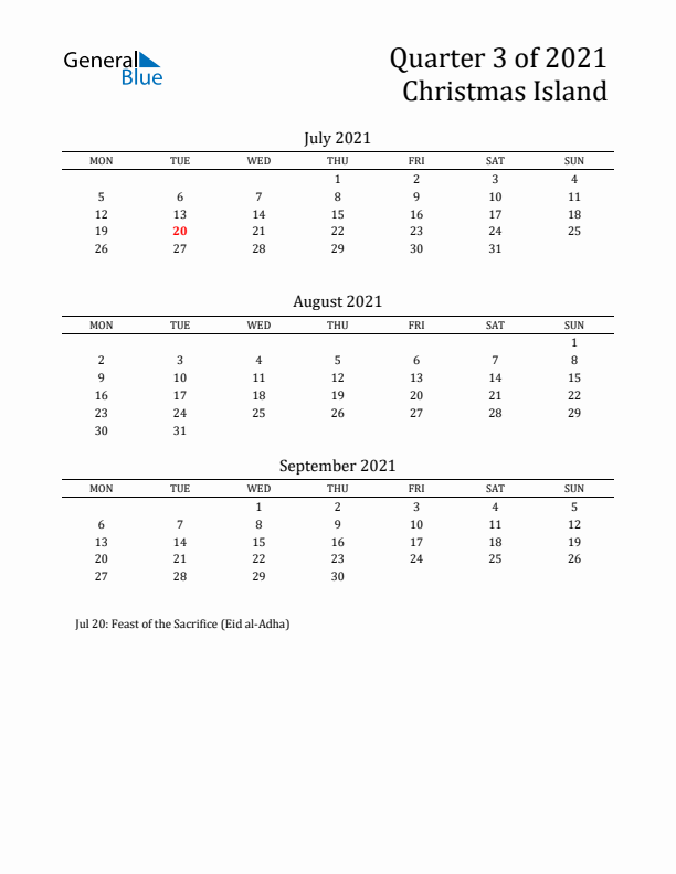 Quarter 3 2021 Christmas Island Quarterly Calendar