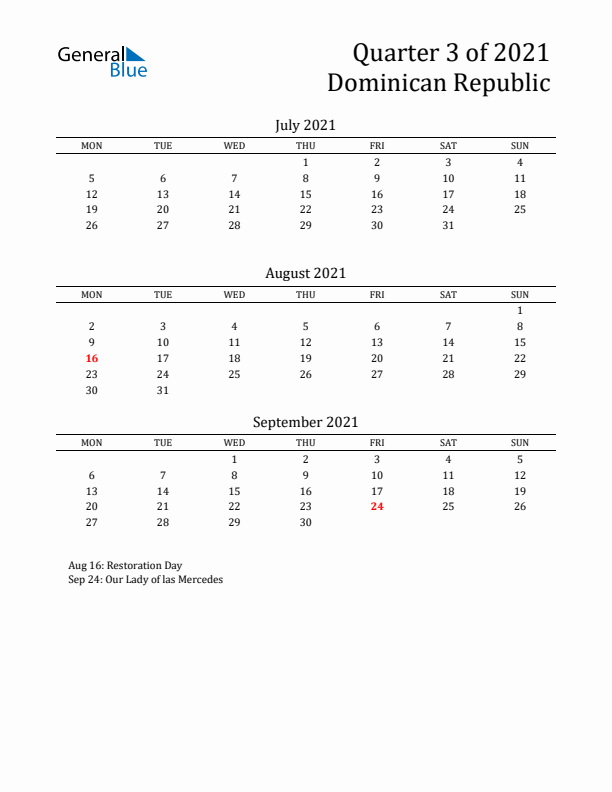 Quarter 3 2021 Dominican Republic Quarterly Calendar