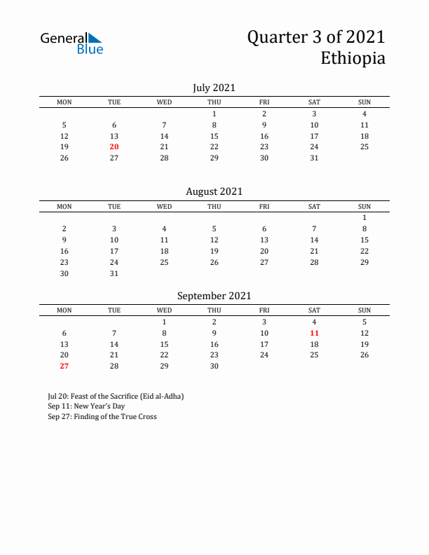 Quarter 3 2021 Ethiopia Quarterly Calendar