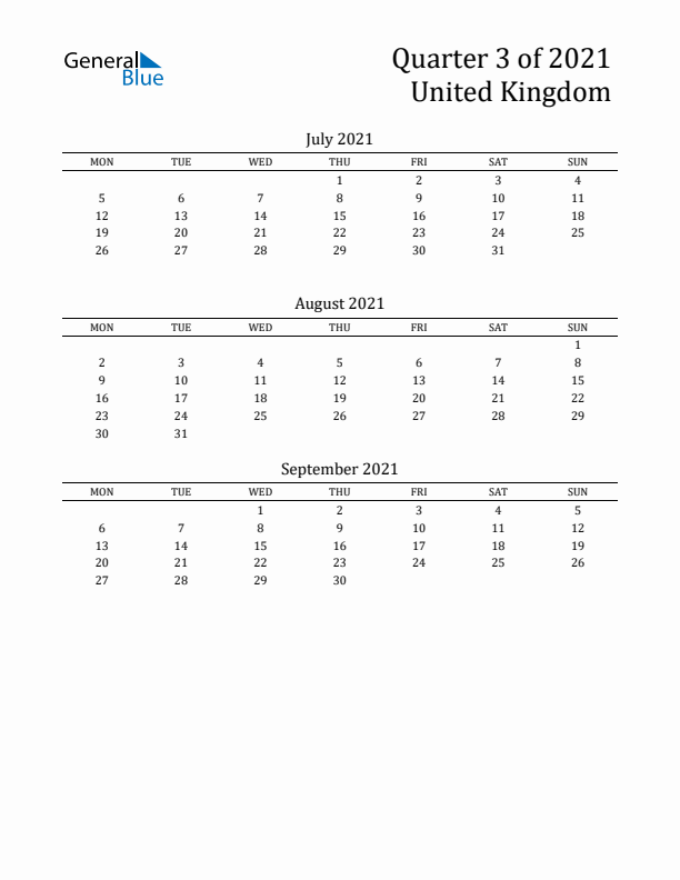 Quarter 3 2021 United Kingdom Quarterly Calendar