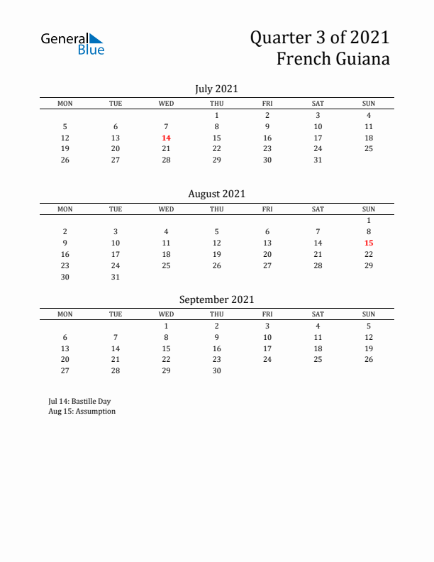 Quarter 3 2021 French Guiana Quarterly Calendar