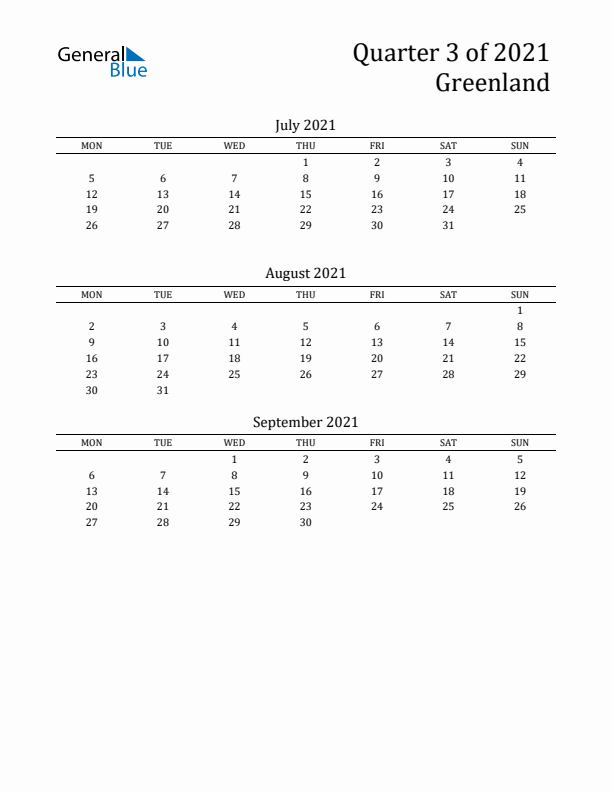 Quarter 3 2021 Greenland Quarterly Calendar